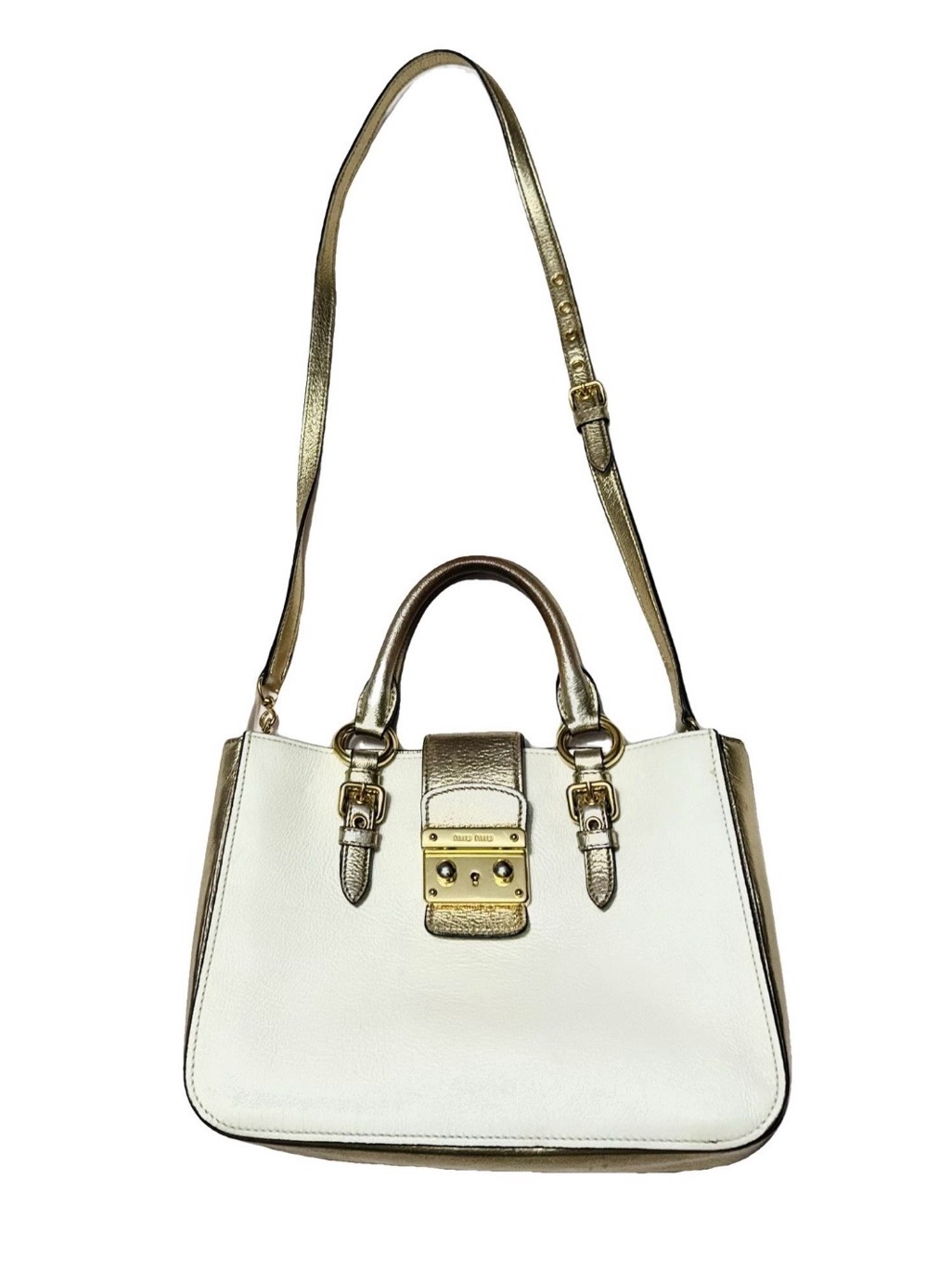 Miu Miu Authentic Lychee Grained Leather Madras Top Handle 2-Way Gold White Bag